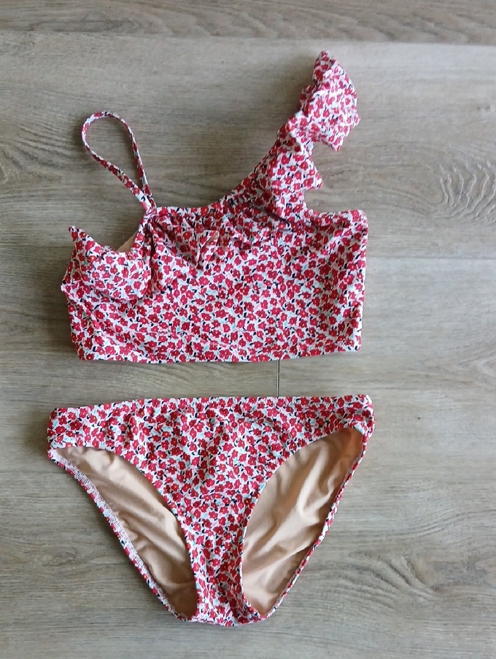 Crewcuts Red Floral One-Shoulder Swim Top with Ruffle Trim Bikini 14 Kids